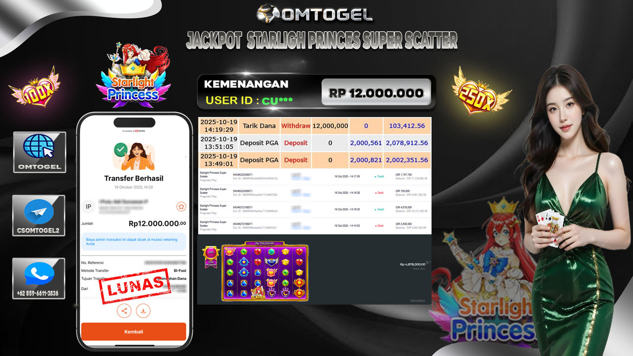 OMTOGEL JACKPOT PRAGMATIC PLAY STARLIGHT PRINCESS SUPER SCATTER 12 JUTA DI BAYAR LUNAS ,-