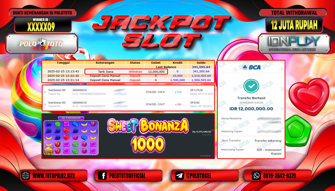 POLOTOTO JACKPOT SLOT SWEET BONANZA 1000 Rp.12.000.000,- LUNAS