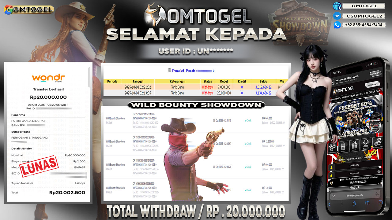 OMTOGEL JACKPOT PGSOFT WILD BOUNTY SHOWDOWN 20 JUTA DI BAYAR LUNAS ,-