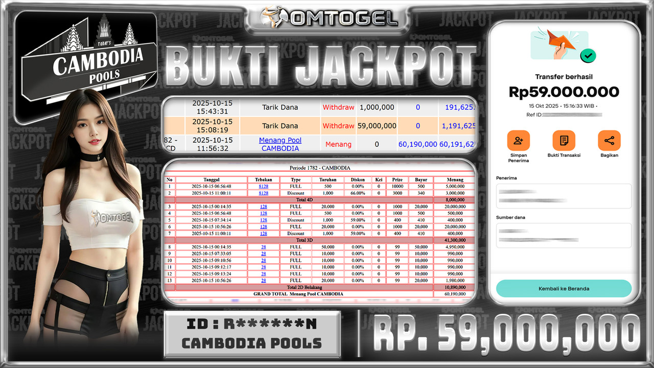 OMTOGEL JACKPOT CAMBODIA 4D 3D 2D 59 JUTA DI BAYAR LUNAS ,-