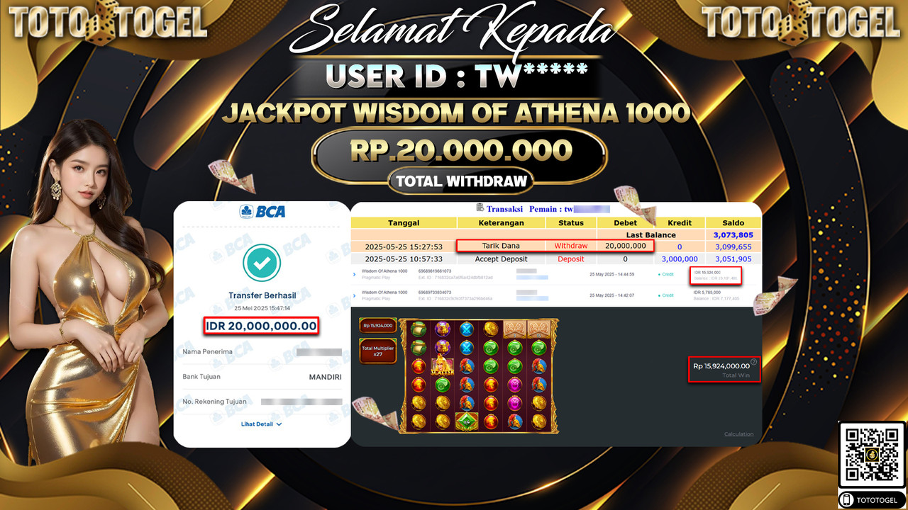 Bukti Pembayaran Jackpot Permainan Slot Wisdom Of Athena 1000 ID:TW***** LUNAS