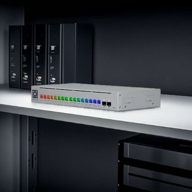 Switch Pro Max 16 instalado em um rack de servidor