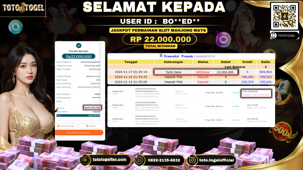 Bukti Pembayaran Jackpot Permainan Slot Mahjong Ways ID: BO**ED** LUNAS 