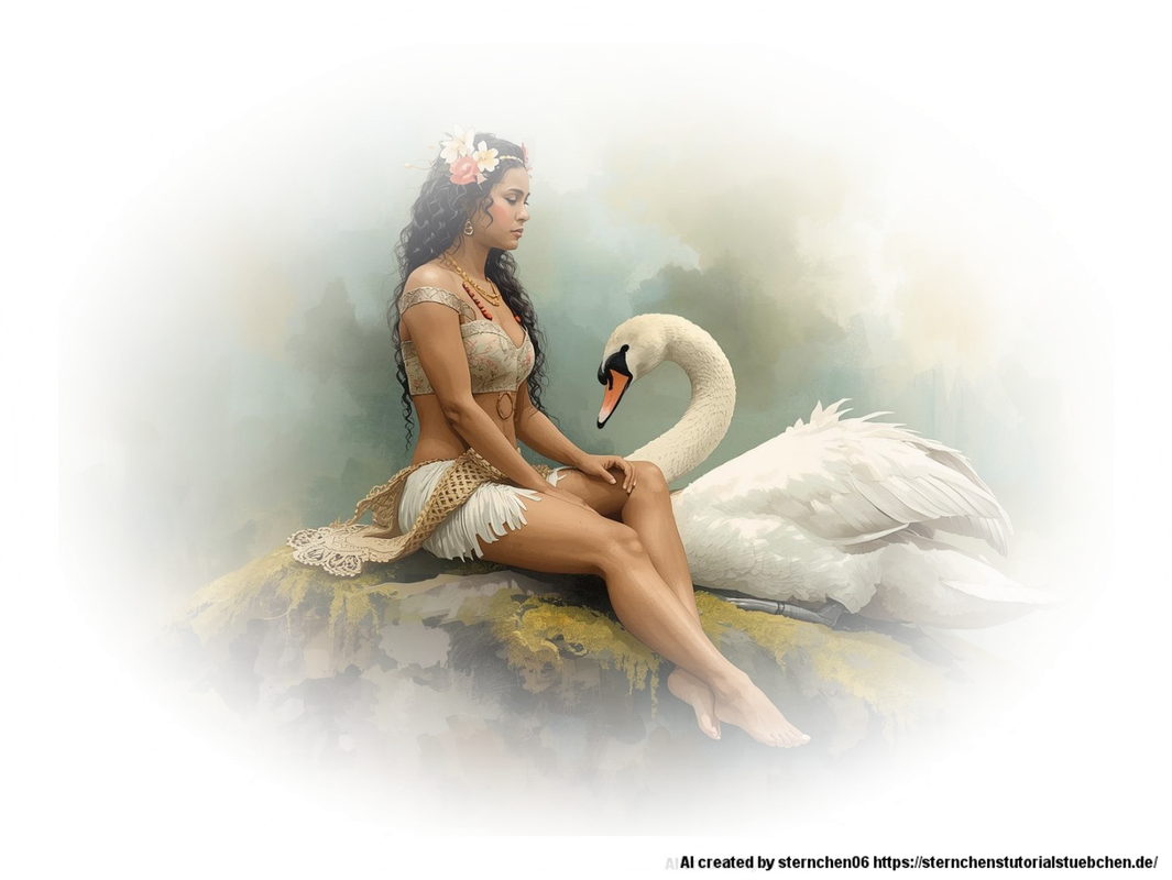 woman sitting on a stone with swan by her side, aquarellpainting (1)