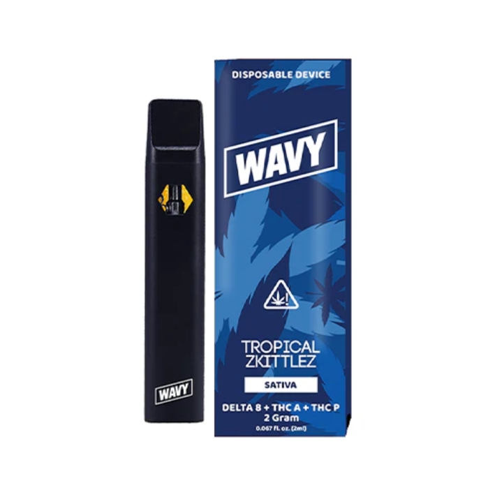 Wavvy Extracts 2 Gram disposable vape with dual-chamber live resin and liquid diamonds, featuring strain-driven flavors like Peach Dream, Pink Runtz, Cherry Soda, Banana OG, Purp Drank, Razz Berry, Watermelon Nerds, and Baja Blast.