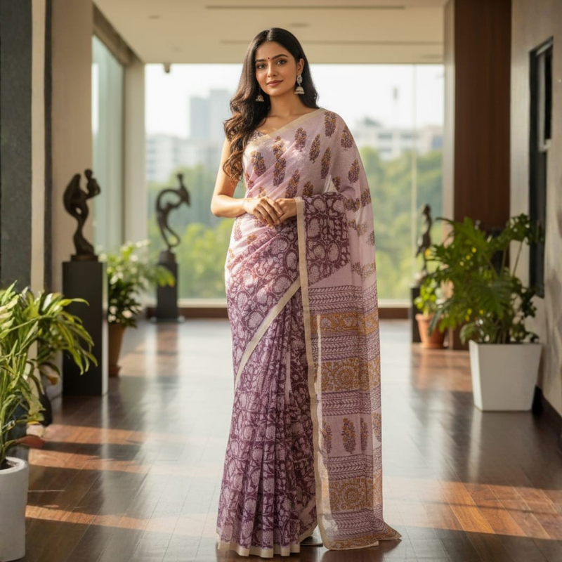 Handblock Printed Kota Doriya Saree | Sheer, Lightweight & Gracefully Textured Design - 10