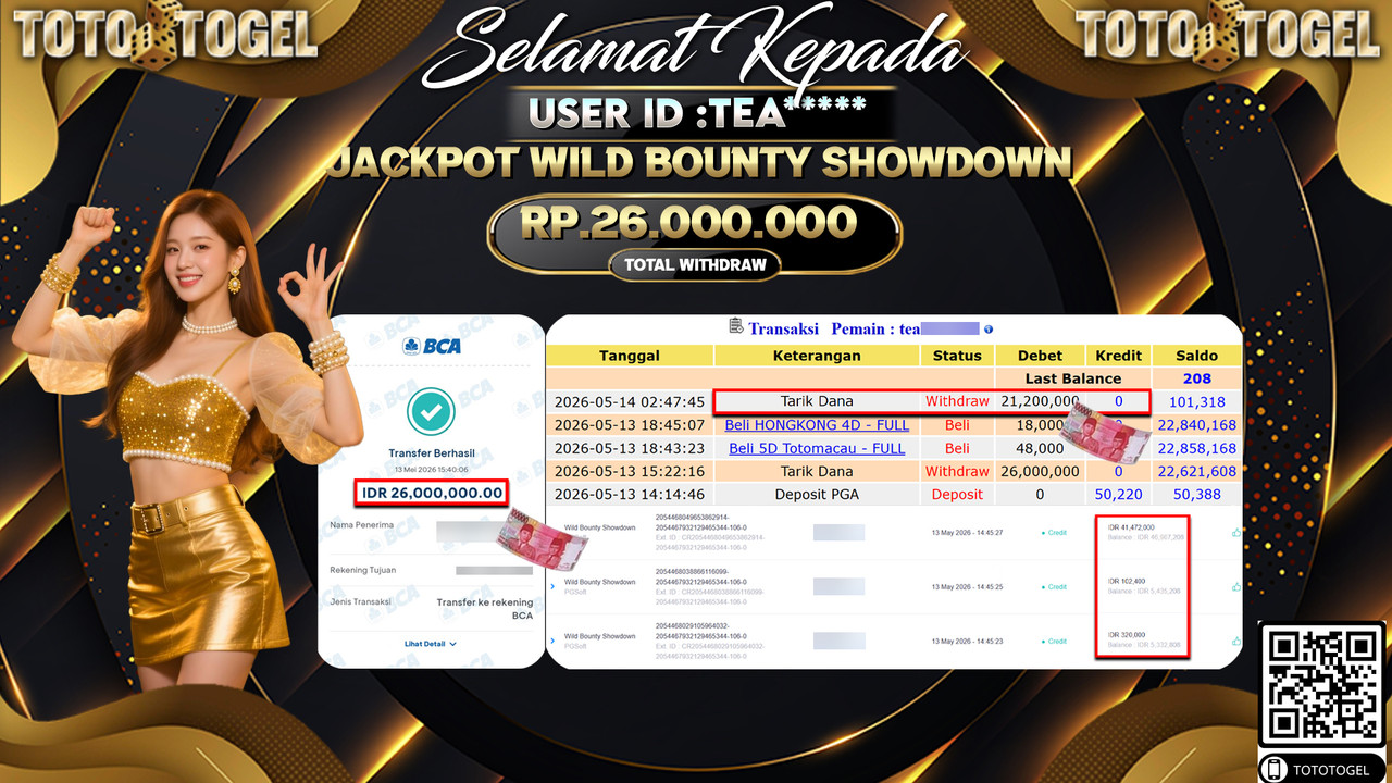 Bukti Pembayaran Jackpot Permainan Slot Wild Bounty showdown ID:TEA***** LUNAS