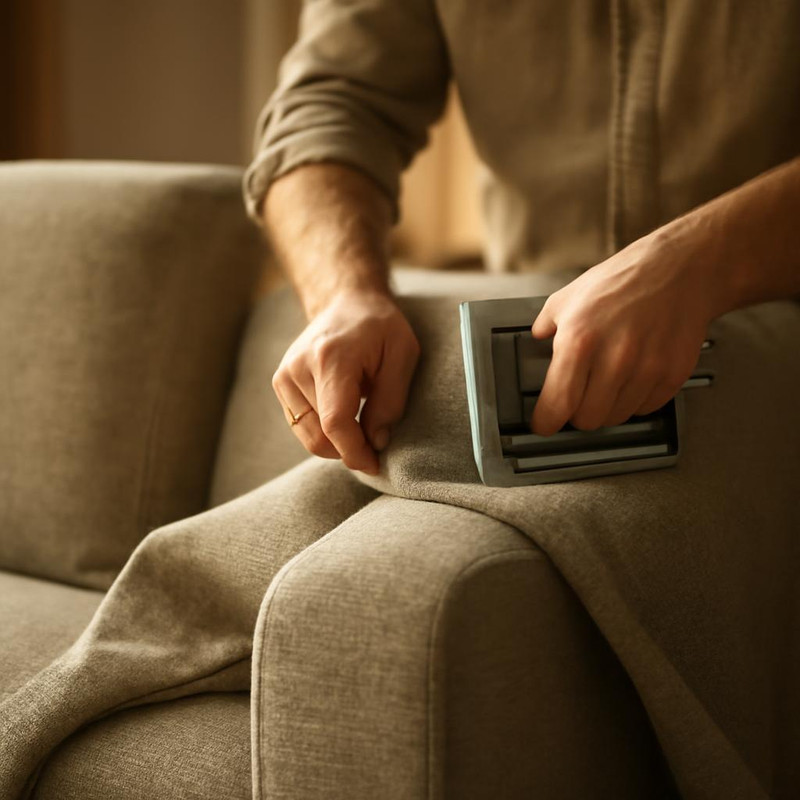 Процесс обтяжки каркаса дивана новой тканью