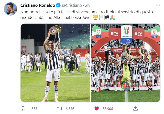 Il messaggio di CR7 Cristiano Ronaldo dopo la conquista della Coppa Italia 2021 con la Juventus