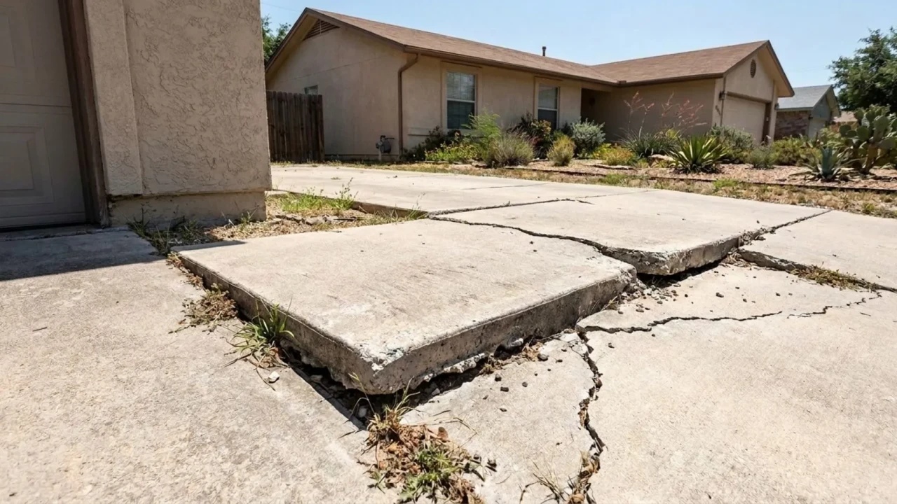 Severely cracked and sunken concrete patio slab in San Antonio showing structural slab failure  wide growing cracks and uneven sections that require a full tear-out rather than an overlay