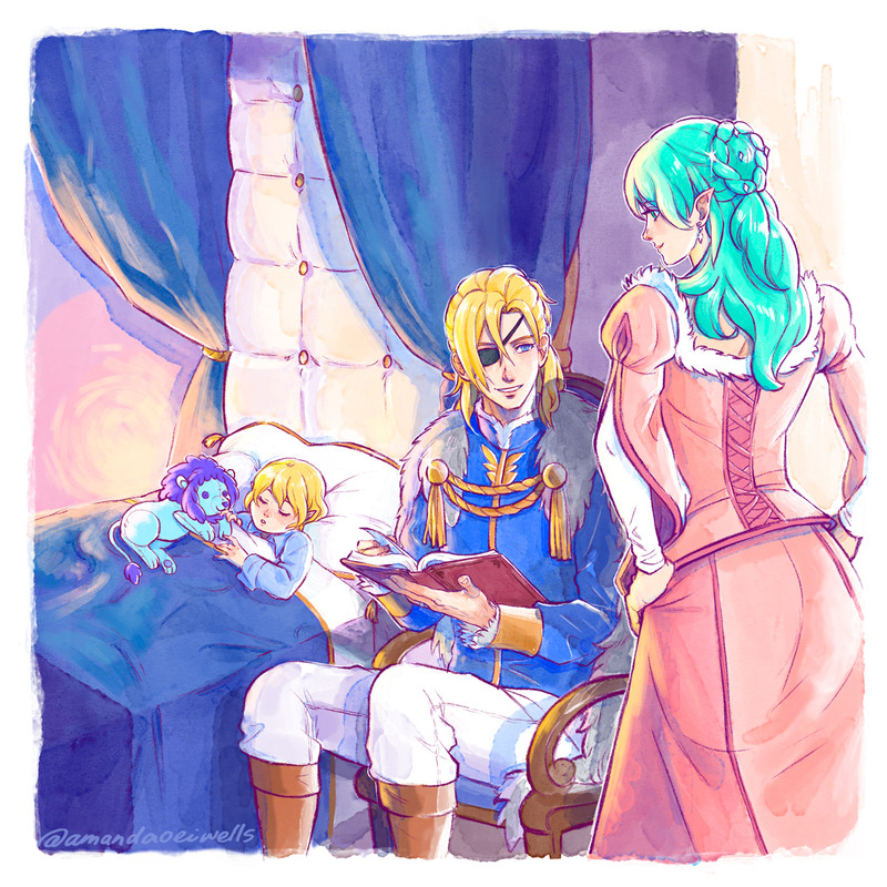 Byleth looks on as Dimitri finishes reading a story to Prince Alex, their son. Alex is curled in bed with his stuffed blue lion.