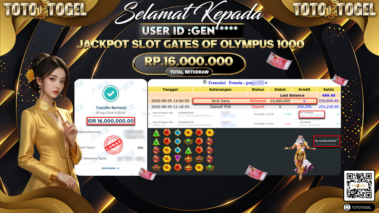 Bukti Pembayaran Jackpot SLOT GATES OF OLYMPUS 1000 ID:GEN**** LUNAS