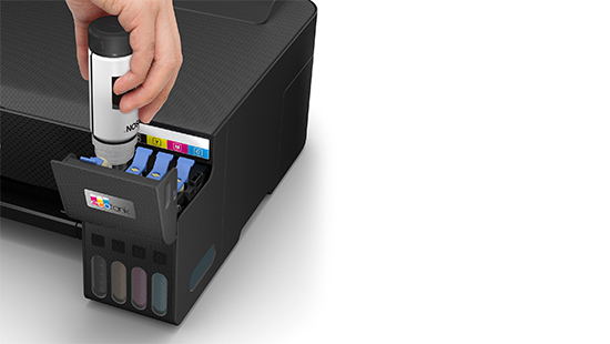 Impresora a color Epson EcoTank L1250, mostrando su diseño compacto y tanques de tinta frontales.