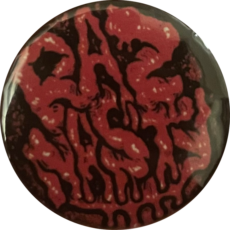 a black pin with the words 'RAZ NASTY' [a cool artist] on it, in red and stylized to look like intestines