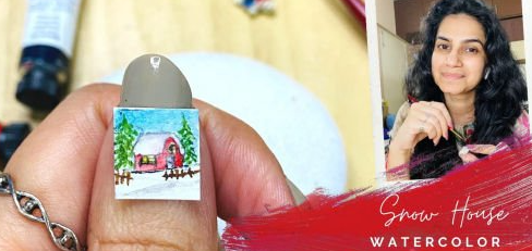 Micro Miniature Watercolor Painting - Snow House Winter Landscape