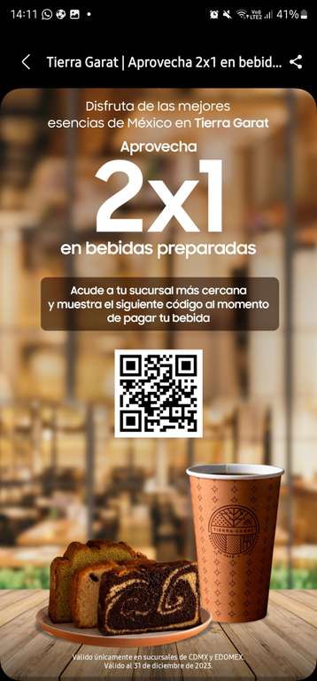 Tierra Garat: 2x1 en bebidas, cupón ilimitado presentando QR en mostrador, válido CDMX Y EDOMEX 
