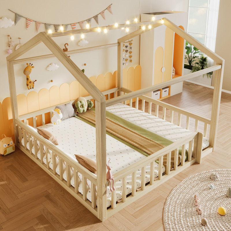 Lit cabane enfant modulable en bois naturel, référence N636P382007N