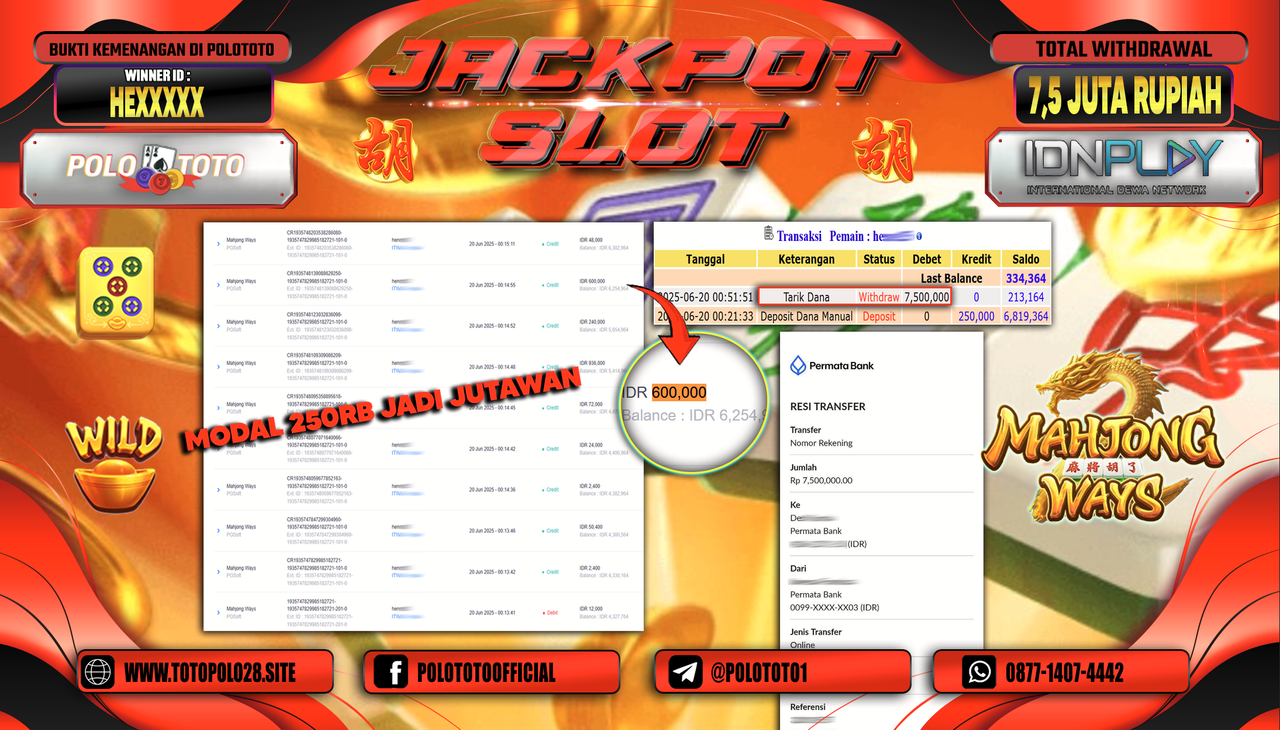 POLOTOTO JACKPOT SLOT MAHJONG WAYS Rp.7.500.000,-