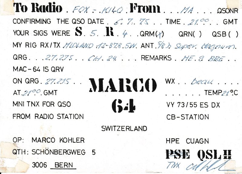 QSLs 27 Mhz de stations Suisses. QSL-MARCO64-CH-07-75