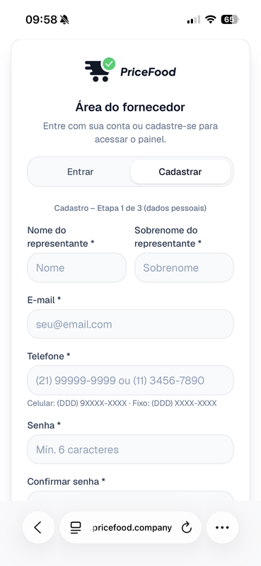 Etapa 1 — iniciar cadastro do fornecedor