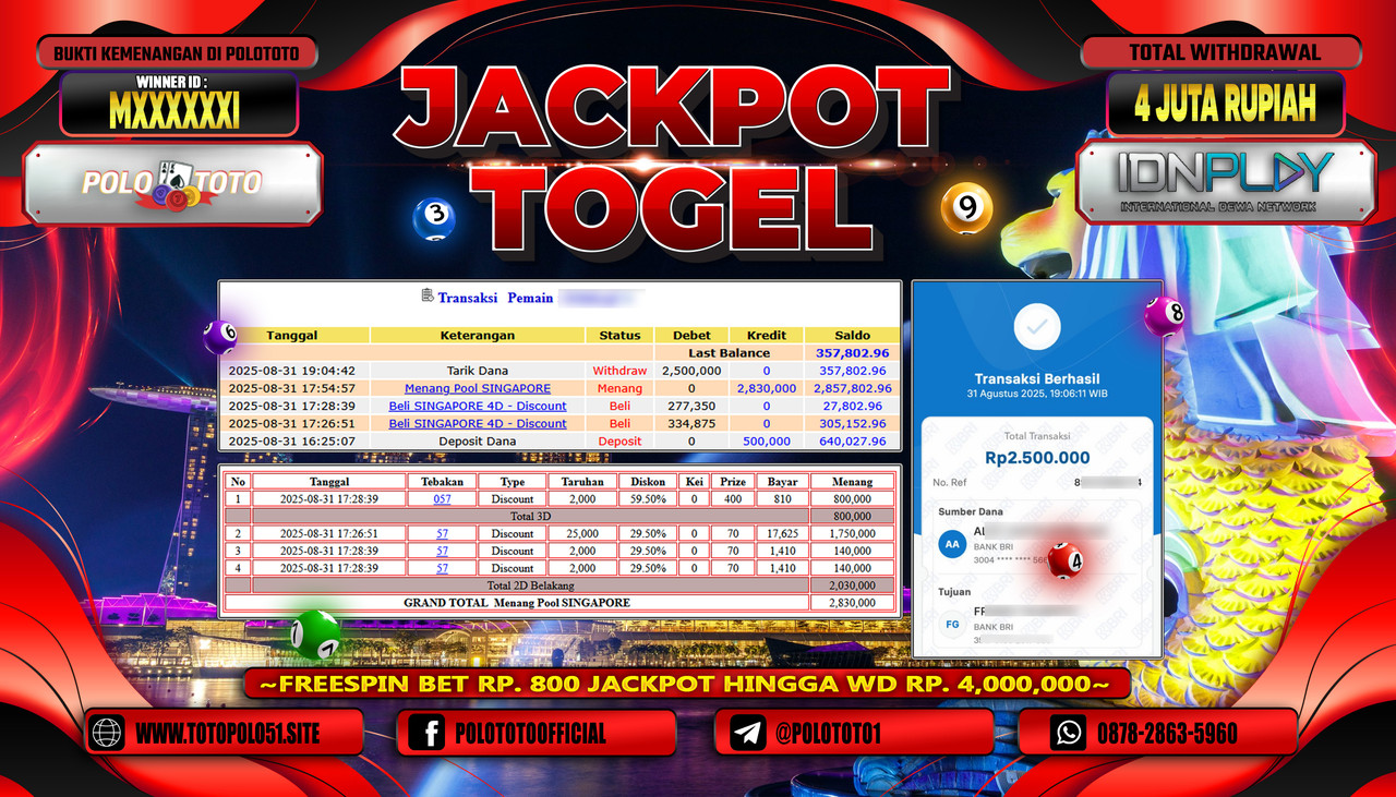 POLOTOTO JACKPOT TOGEL POOL SINGAPORE Rp.4.000.000,- LUNAS