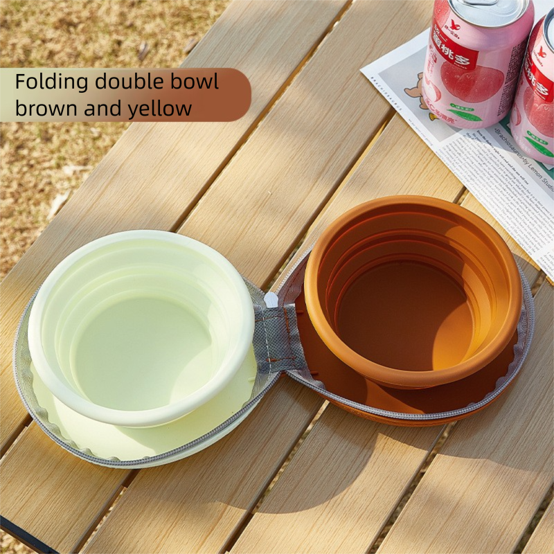 Brown and yellow Portable Foldable Dual Bowl for Pets – Silicone Feeding and Water Dish with Compact Storage Design