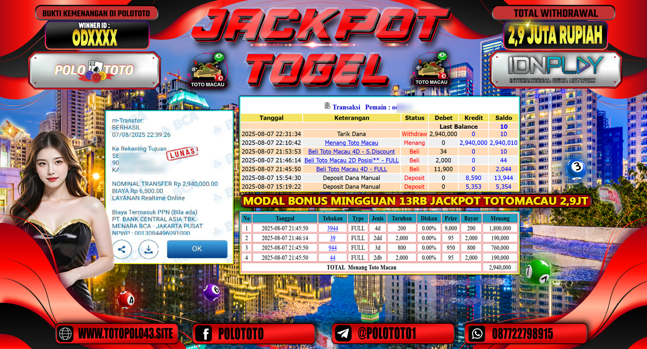 POLOTOTO JACKPOT TOGEL TOTO MACAU Rp.2.900.000,-LUNAS