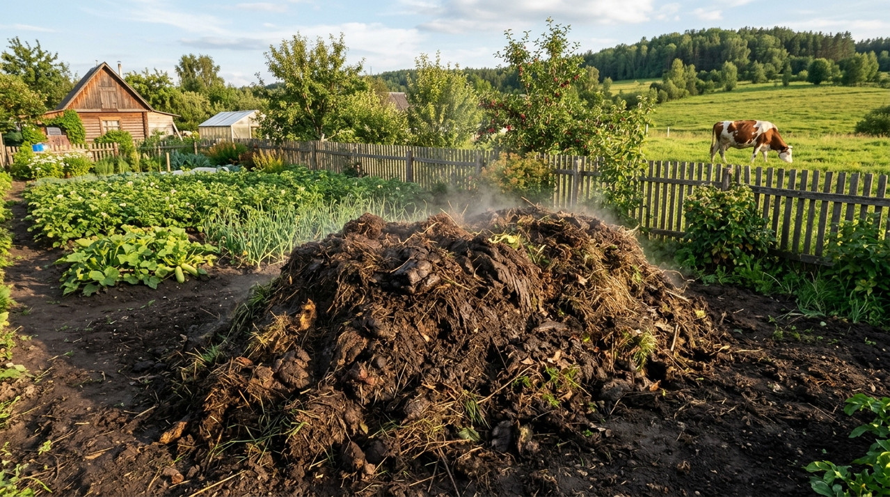 Куча перегноя на даче с коровой на фоне для сравнения источников