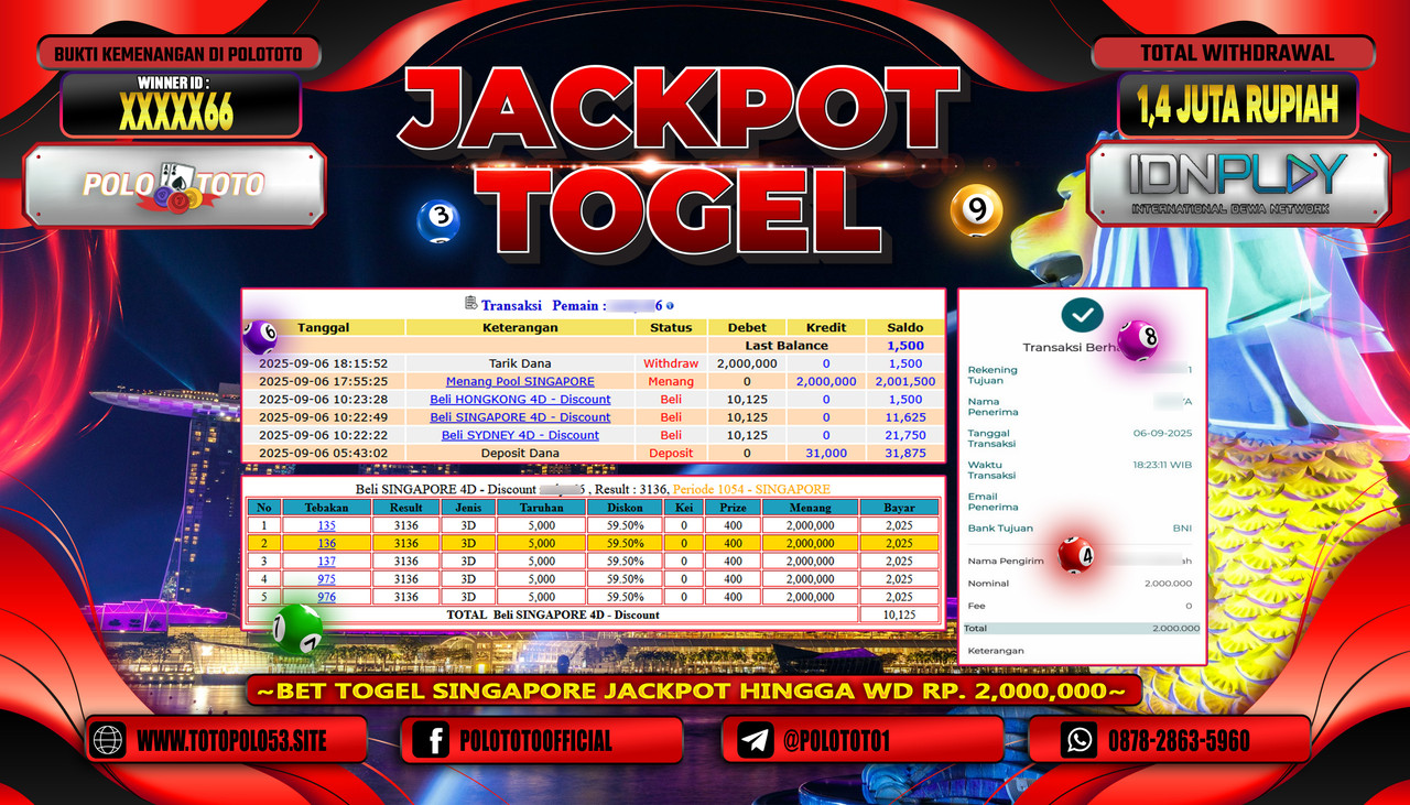 POLOTOTO JACKPOT POOL SINGAPORE Rp.1.400.000,- LUNAS