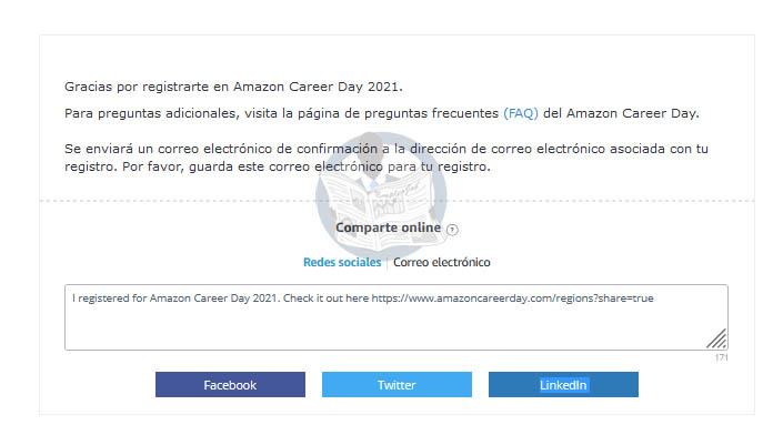 Confirmación de registro en el Career Day de Amazon