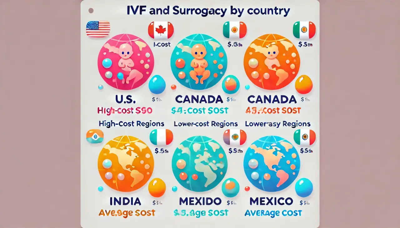 Diagram showing IVF success rates by surrogate age and embryo transfer method, with higher success for surrogates under 35 and for blastocyst transfers.