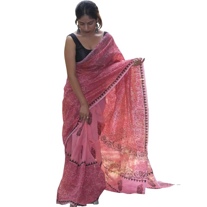 Hand Block Printed Pink Saree With Red and Green Buttis