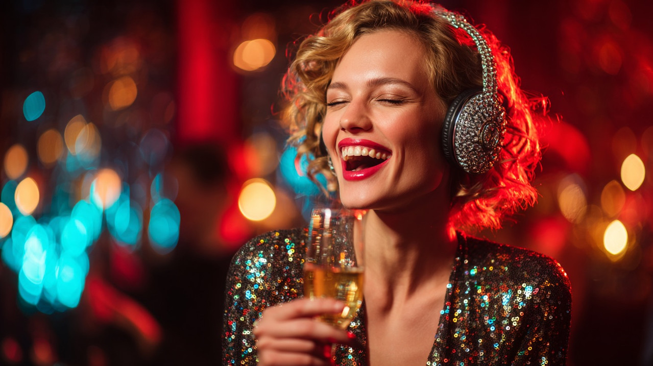 Гламурная девушка в бриллиантовых наушниках на VIP-вечеринке. Тренд на музыкальные подарки в шоу-бизнесе