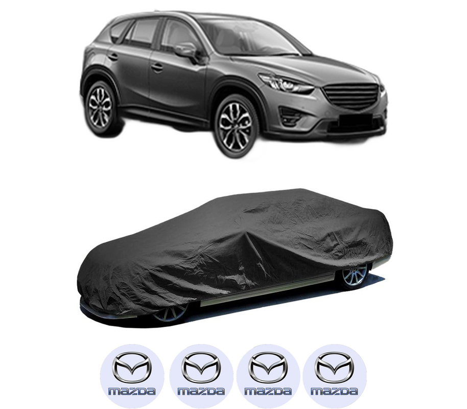 Husa tip prelata auto pentru MAZDA CX-5 (KE, GH) din 2011-2017, Culoare Negru, material textil impermeabil, rezistanta la intemperii praf UV, CARPASSION Husa Protectie, 4 Stickere auto cu MAZDA