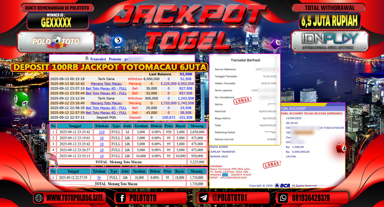 POLOTOTO JACKPOT TOGEL TOTO MACAU Rp.6.500.000,-