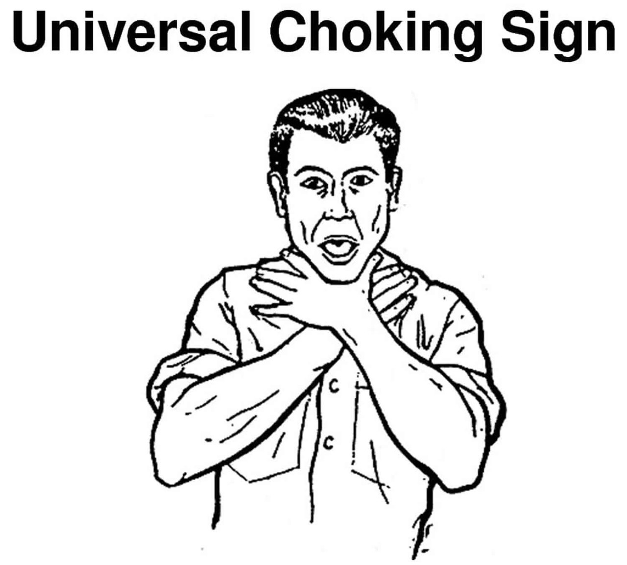 realistic drawing of a person doing the universal choking distress sign which is a pose where a person has both hands on their neck with arms crossed over eachother and the thumbs rest on opposite sides of the adams apple