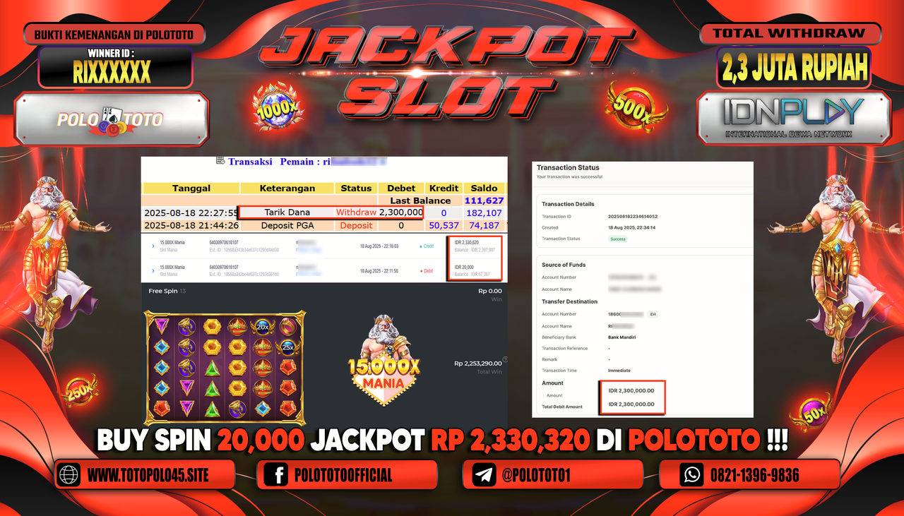 POLOTOTO JACKPOT SLOT GATES OF OLYMPUS 1000 Rp.2.300.000,-