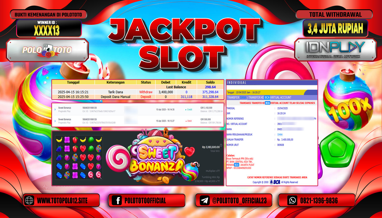POLOTOTO JACKPOT SLOT SWEET BONANZA Rp.3.400.000,- 