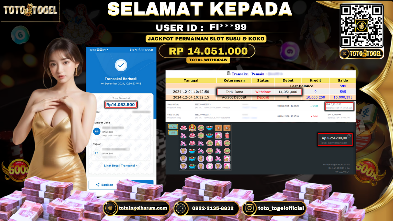 Bukti Pembayaran Jackpot Permainan Slot Susu & Koko ID: FI***99 LUNAS 