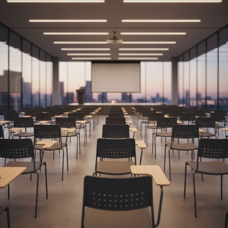 Эргономичные стулья с пюпитрами в интерьере современного конференц-зала, подготовленного для проведения семинара или деловой встречи.