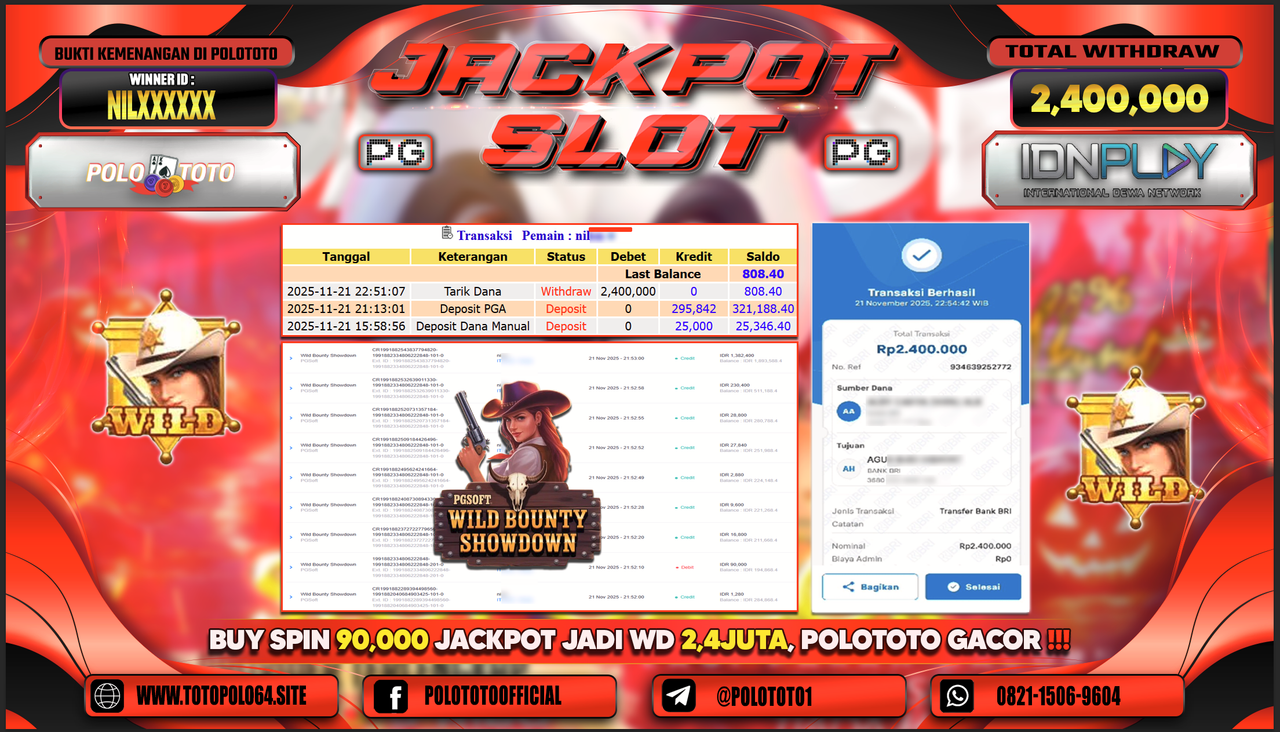 POLOTOTO JACKPOT SLOT WILD BOUNTY SHOWDOWN Rp.2.400.000,- LUNAS
