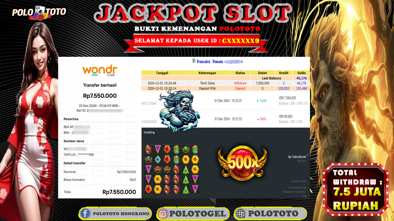 POLOTOTO JACKPOT SLOT GATES OF OLYMPUS 1000 Rp.7,550.000,-