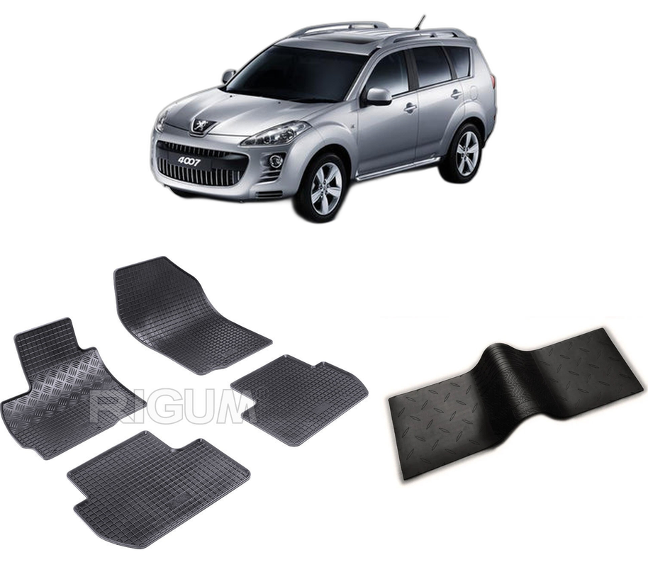 Set covorase auto PEUGEOT 4007 din 03.2007-08.2012, cu covoras tunel median, CAROSERIE SUV, Presuri cauciuc 100%, compatibil cu autoturismul PEUGEOT 4007, Rigum