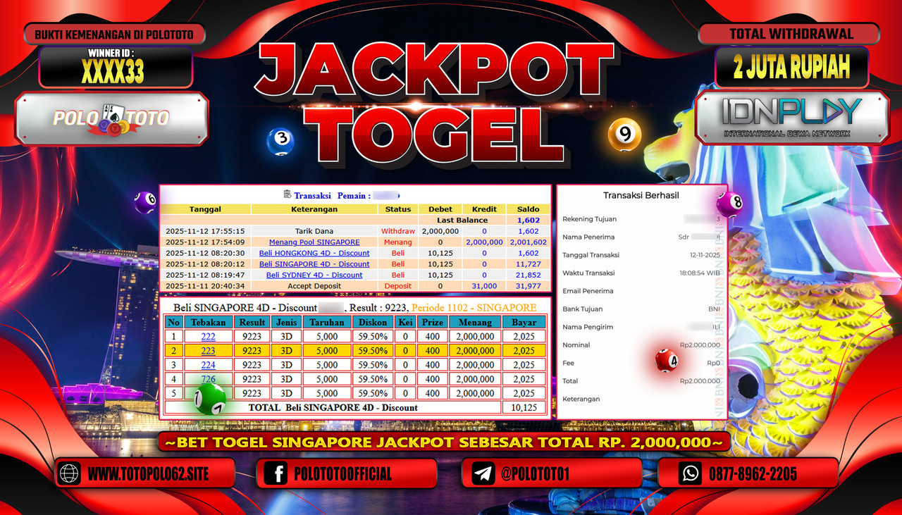 POLOTOTO JACKPOT TOGEL POOL SINGAPORE Rp.2.000.000,- LUNAS