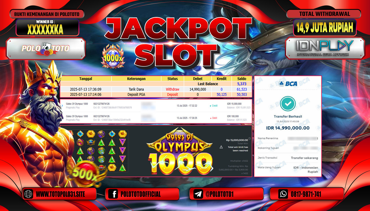 POLOTOTO JACKPOT SLOT GATES OF OLYMPUS 1000 Rp.14.900.000,- LUNAS