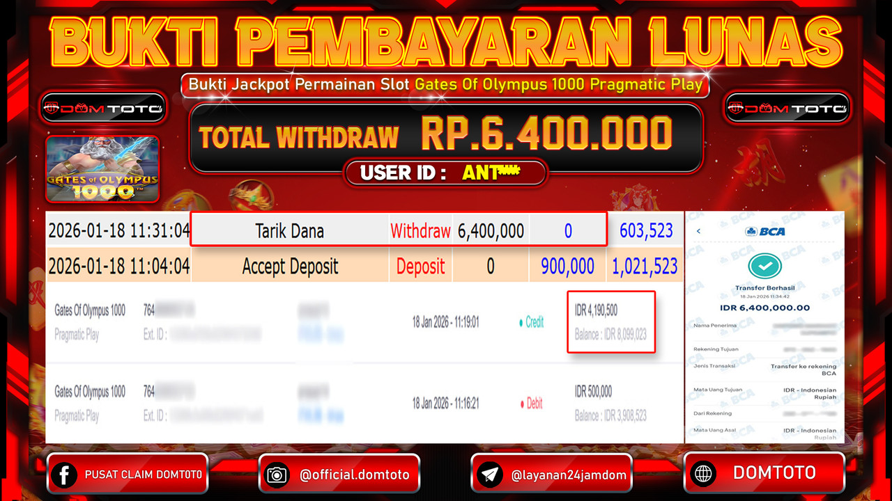 JACKPOT SLOT Gates Of Olympus 1000 Pragmatic Play 18 JANUARI 2026