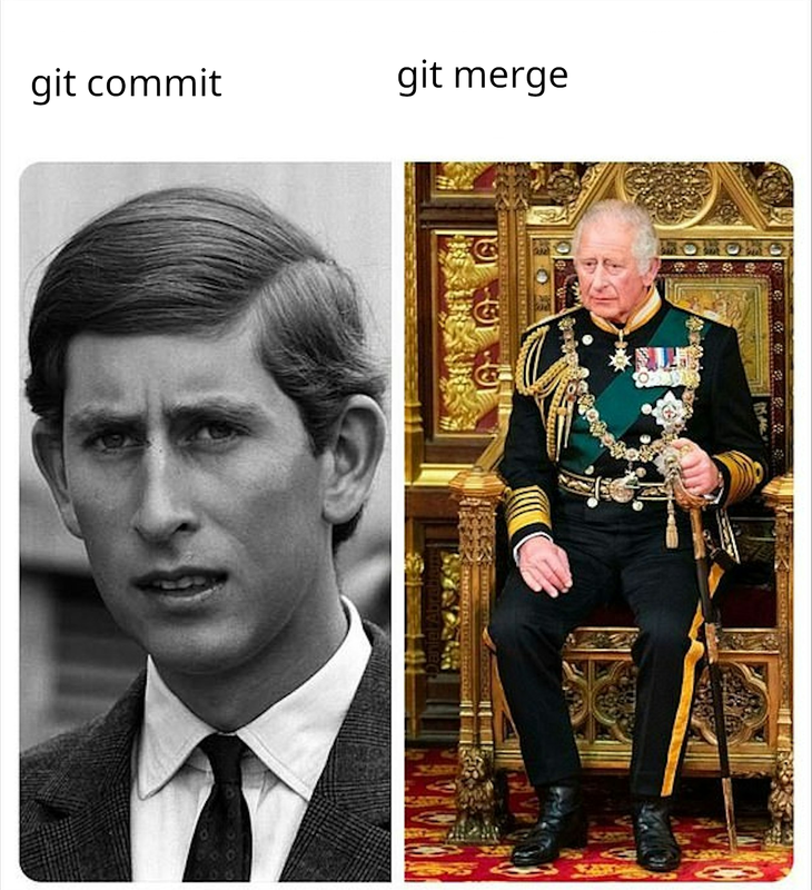 meme illustrating the difference between a young prince charles as git commit and an elderly king charles as git merge