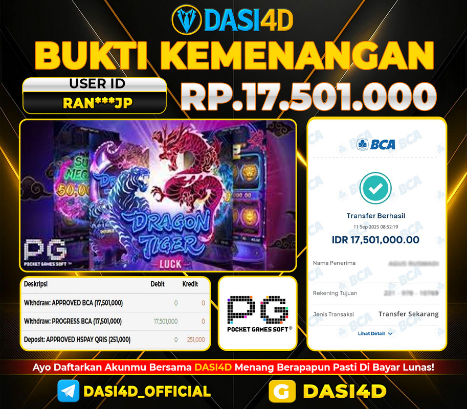 BUKTI KEMENANGAN 11 SEPTEMBER  2025 DI  DRAGON TIGER LUCK RP 17.501.000