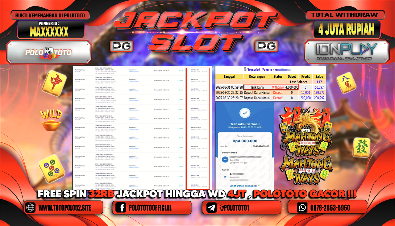 POLOTOTO JACKPOT SLOT MAHJONG WAYS Rp.4.000.000,-