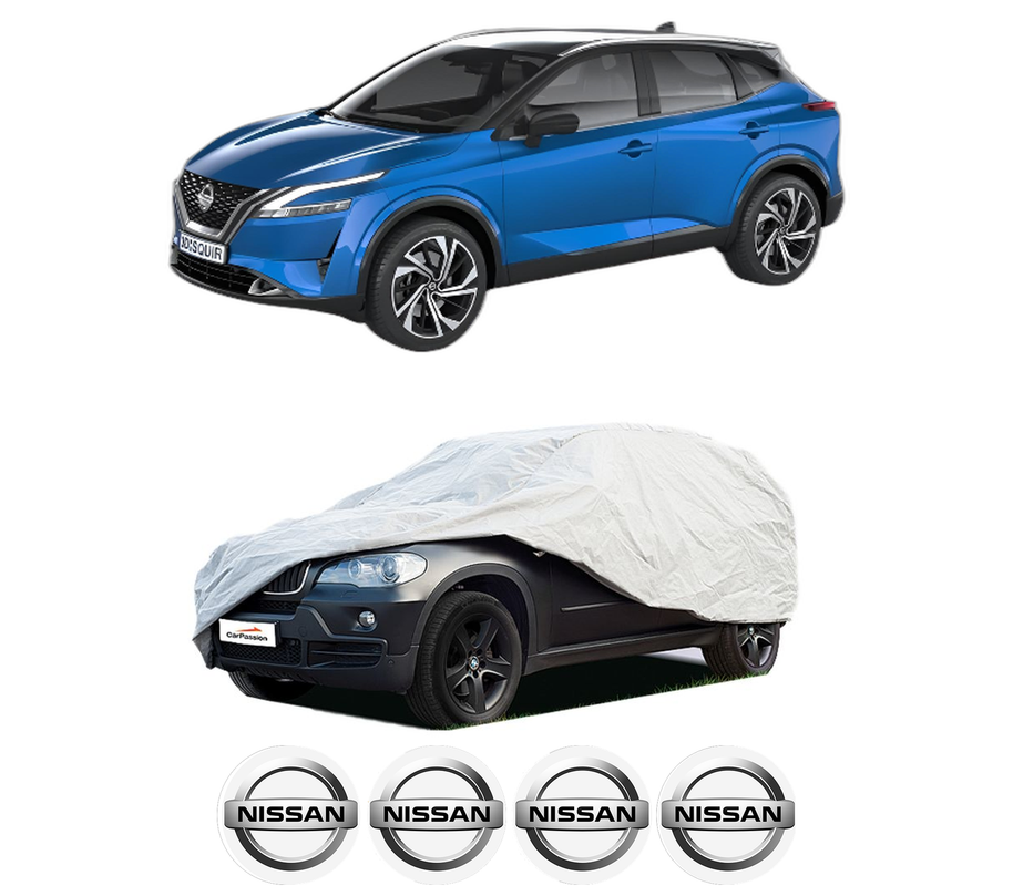Husa tip prelata auto pentru NISSAN QASHQAI III (J12) din 2021-2022, Culoare Gri, material textil impermeabil, rezistanta la intemperii praf UV, CARPASSION Husa Protectie, 4 Stickere auto cu NISSAN